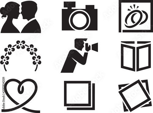 Wedding icons set with rings camera photographer heart floral arch and photo album in outline event