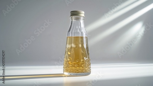 Small Glass Bottle with Yellow Liquid on White Surface