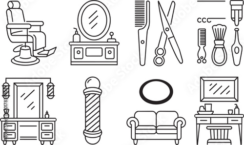 Cuadro en lienzo Barber shop icons set with barber chair styling tools and salon furniture in out