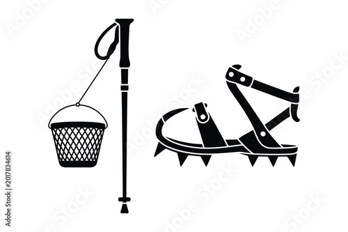 Foto Hiking pole with basket and crampons vector silhouette crampons equipment