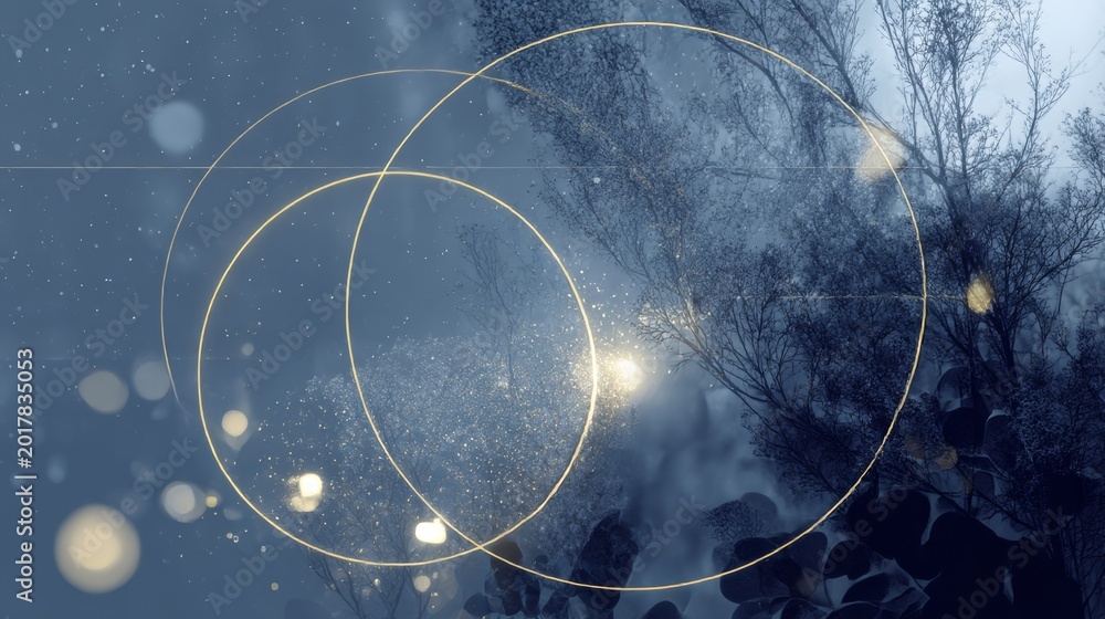 Fototapeta premium Enigmatic Forest Glow: Golden Circles Overlaying Misty Woodland — Mystical Nature Composition