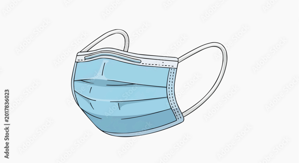 Fototapeta premium A blue surgical face mask icon in a minimalist line art style in white background.