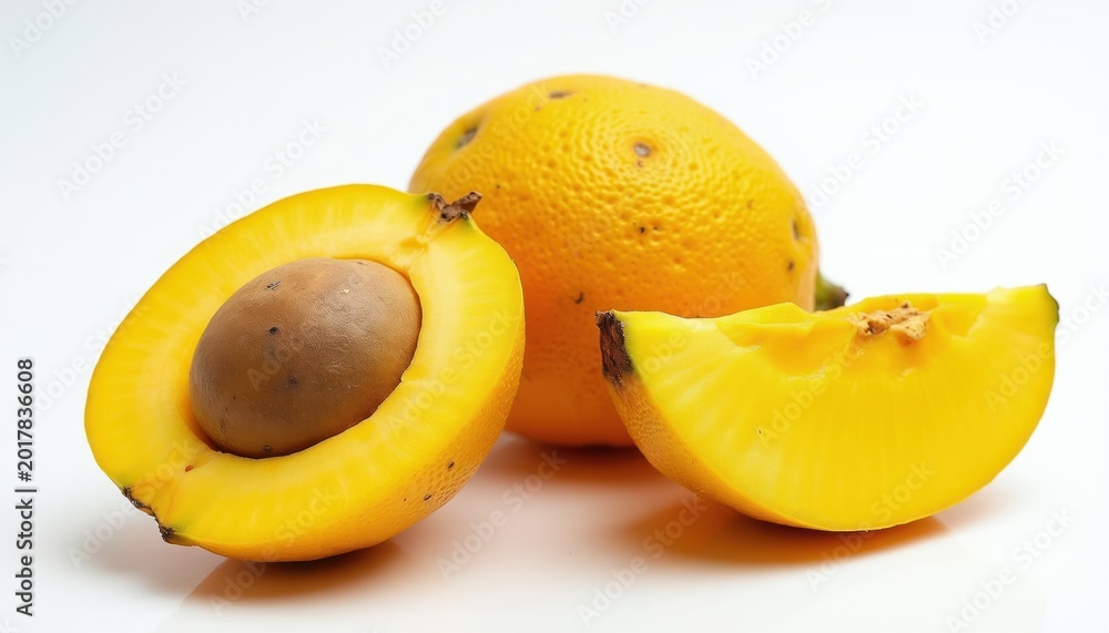 Fototapeta premium Whole and cut ripe yellow lucuma fruits. Exotic tropical fruit with smooth skin and big seed inside. Juicy bright pulp good for desserts. Healthy food.