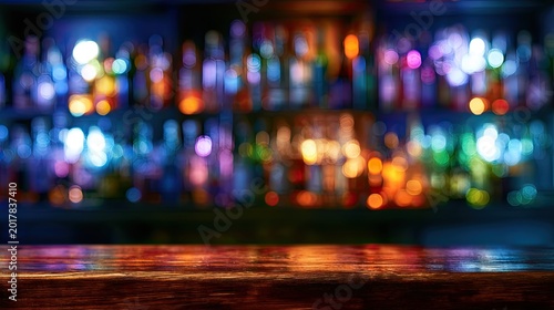 Blurred colorful bottles illuminated behind a polished wooden bar counter