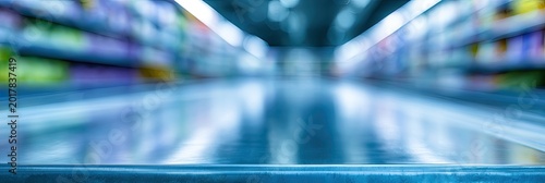 Blurry aisle of a store with shelves stocked with colorful products