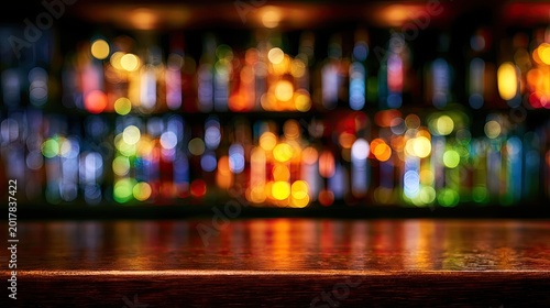 Blurred colorful bottles and a polished wooden counter in a dimly lit bar