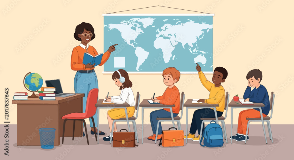 Fototapeta premium Classroom, education, school, learning, vector illustration, kids, students, teacher, desk, geography, world map