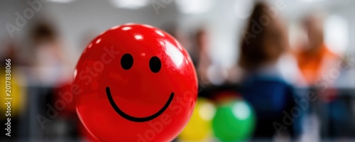 Bright red wobble toy with a smiley face stands out in a cheerful preschool classroom. Macro shot highlights its vibrant color and playful, nostalgic mood.