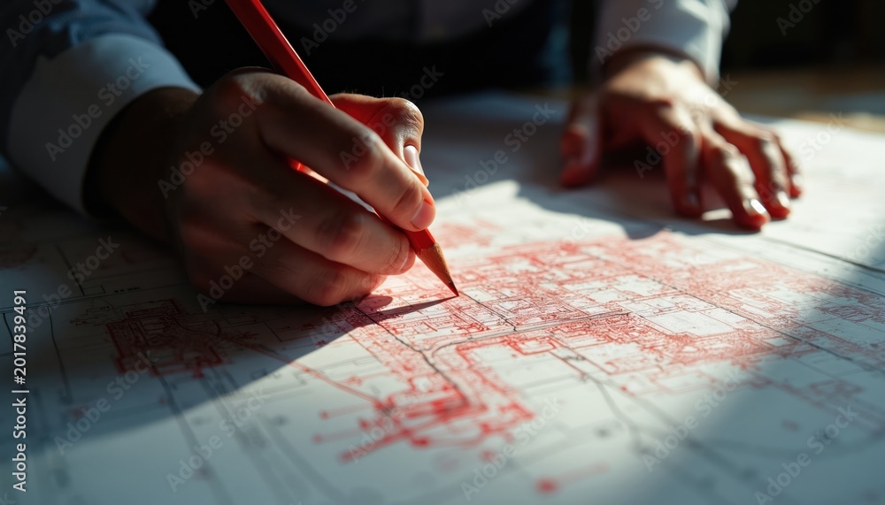 Fototapeta premium Hands use red pencil to revise architectural blueprints. Professional architects work on building plans and site layouts making changes. Planning project development for construction.