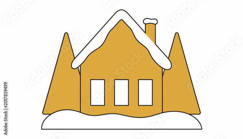 Schilderij op canvas Winter house, snow covered roof, yellow cabin, mountain landscape, vector illust