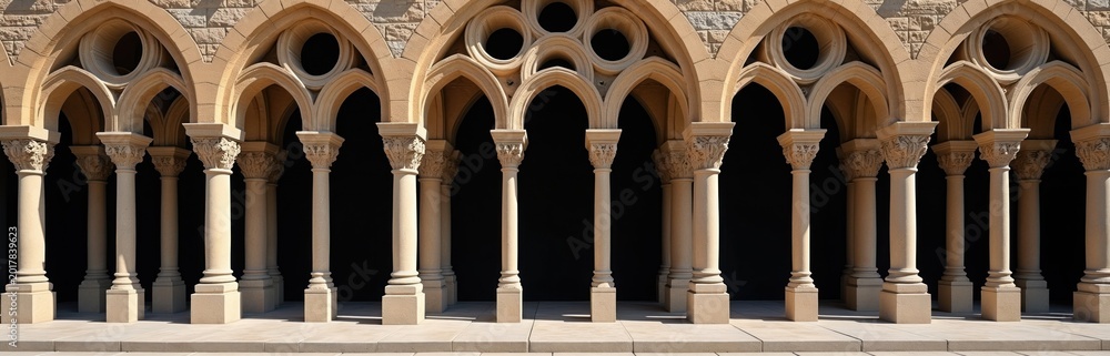 Fototapeta premium Rows of ornate stone columns, arches create repeating pattern. Ancient architecture features detailed carvings on column capitals. Building facade geometric window openings. Timeless structure.