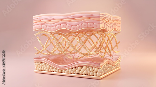Side view skin anatomy block showing layered epidermis collagen fiber network and fat cell