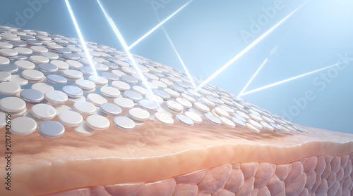 Skin surface covered with white disc particle under multiple beam of bright light treatment