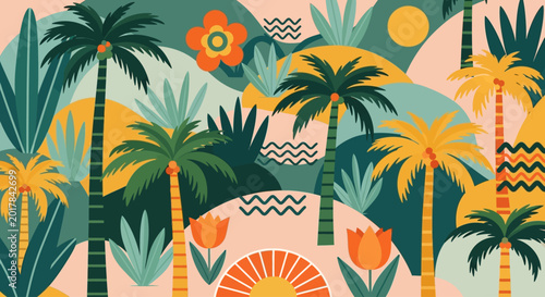 Tropical, palm tree, summer seamless pattern, colorful abstract background, vector illustration, bohemian design,  geometric shapes