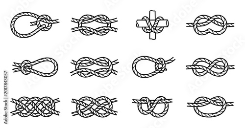 Schilderij op canvas Vector rope knot collection illustration, bowline, square, clove hitch, overhand