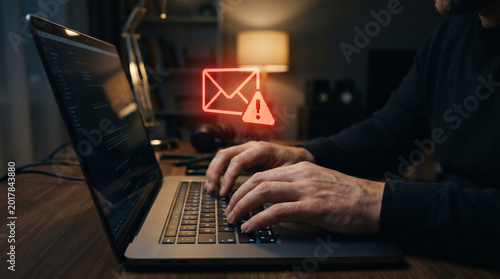 Foto Adult hands on laptop keyboard in dim home office with glowing red envelope warn
