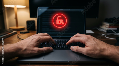 Tableau sur toile Adult hands on laptop keyboard in dim home office with glowing red unlocked padl