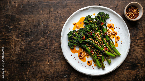 White ceramic plate of charred broccolini stems drizzled with chilli oil and pine nuts with small ramekin of chilli flakes on rustic dark wood table top-down