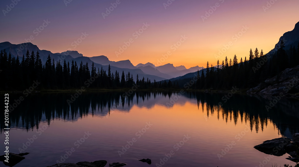 Obraz premium Twilight purple and amber sky over still mountain lake with silhouetted pine trees on far shore and layered ridges fading into distance