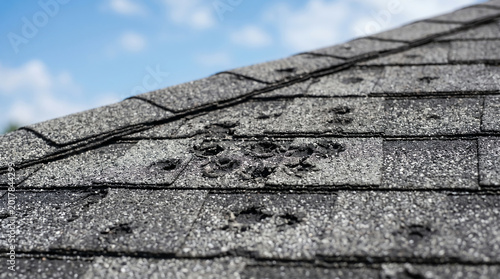 Section of grey asphalt shingles on residential roof showing dark hail impact marks and bruising across granule surface