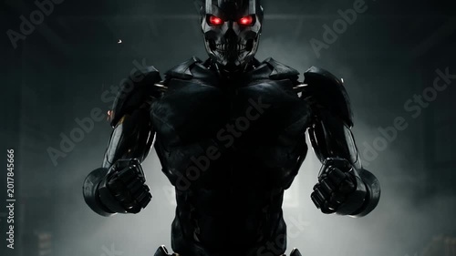 Futuristic black terminator robot standing in dark industrial room