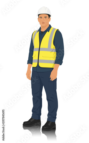 Full body vector illustration of professional construction worker wearing white safety helmet, yellow high visibility vest, dark workwear, and black boots, standing confidently on a white background
