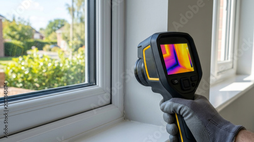 Hand holding thermal imaging camera assessing window insulation