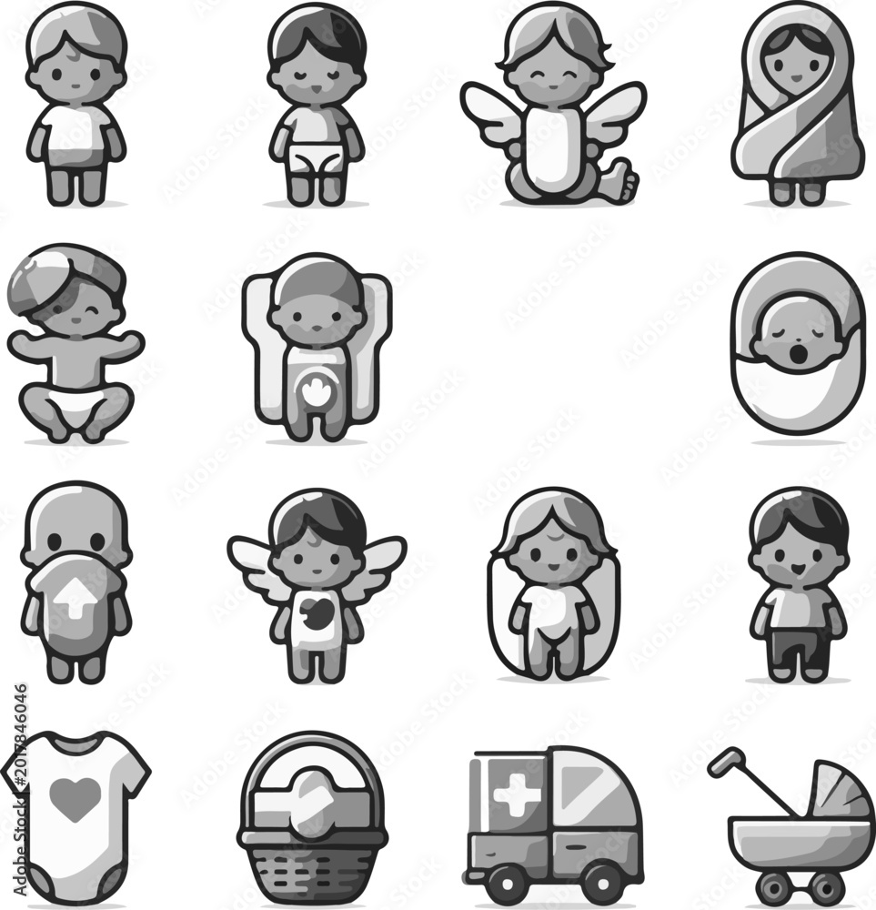 Obraz premium Artistic Happy Nursery Artwork A Comprehensive Collection of Adorable Baby Face and Smiling Child Characters with Intricate Linework and Cute Concept Logo Simbol