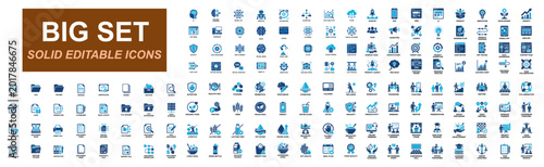 Mega icon set of startup business, AI technology, cybersecurity, healthy nutrition, document management, digital workflow, web app UI, automation and analytics. Solid icons vector illustration