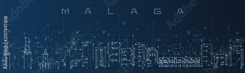 Malaga Smart City Skyline Vector in Circuit Board Style Futuristic Technology Background