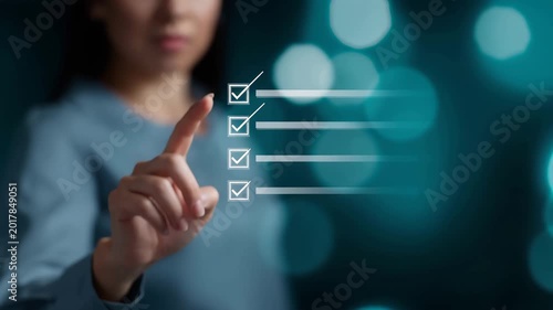Business person checking digital checklist interface, task management and quality control concept, workflow automation, compliance, productivity, approval process and modern busine
