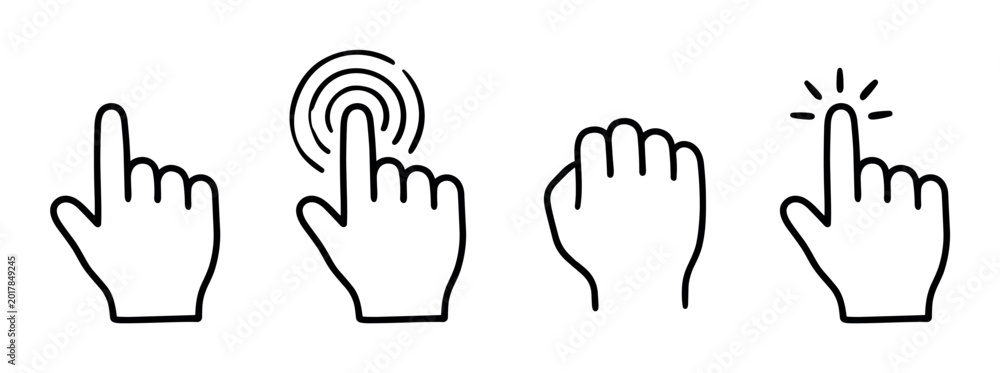 Fototapeta premium Hand cursor pointer click gesture icons with various states, including tapping and pointing, in a doodle line art style vector illustration