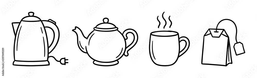 Obraz premium Electric kettle, teapot, steaming mug, and tea bag icons in a simple line art style, perfect for web or print designs related to hot beverages and kitchen appliances