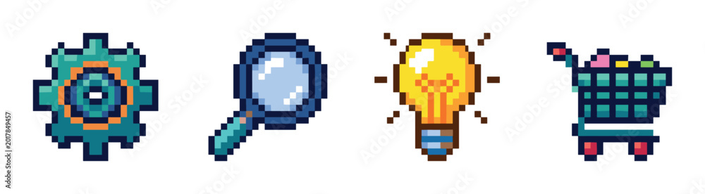 Fototapeta premium Gear magnifying glass lightbulb shopping cart icons pixel art style vector illustration for digital design elements