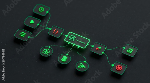 Futuristic machine learning model flowchart with glowing neon green icons representing artificial intelligence workflow and data processing 