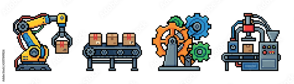 Fototapeta premium Robotic arm, conveyor belt with boxes, gears, and packaging machine pixel art icons set for industrial automation concepts