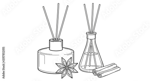 Tableau sur toile Aromatic reed diffusers, essential oil bottles, sticks, and flowers, minimalist