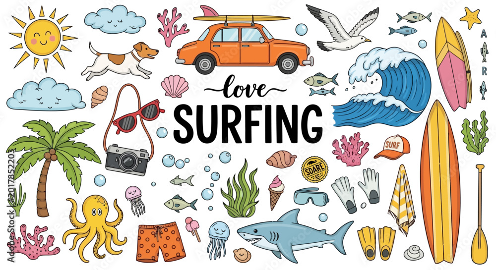 Naklejka premium Surfing icons, beach symbols, summer stickers, colorful vector graphics, ocean illustrations