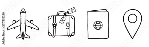 Free Download Airplane, luggage, passport, and location pin travel icons in a hand-drawn doodle style vector illustration for vacation planning and global journey concepts - GFXLoad