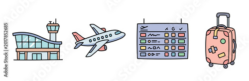 Airport terminal building, airplane, flight information board, and luggage suitcase travel icons set in a cute doodle style vector illustration