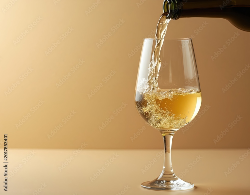 Fototapeta premium White wine pours into clear glass from bottle. Golden liquid creates bubbles and splashes. Studio shot with beige backdrop and copy space. Elegant drink preparation.