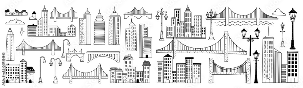 Fototapeta premium Cityscape elements set with skyscrapers, bridges and street lamps, urban architecture hand drawn doodle illustrations