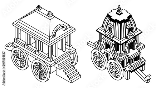 Foto Traditional Indian temple chariots ratha isometric line art vector, Hindu festiv