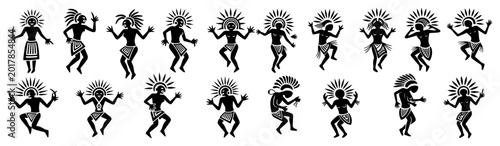 Cuadro en lienzo Tribal dancing figures set, primitive ethnic silhouette dancers, ancient ritual