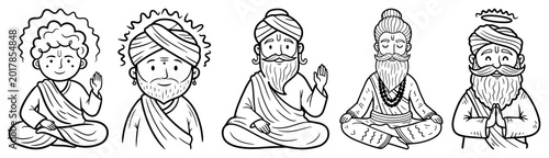 Canvastavla Indian gurus and yogis set, cute cartoon spiritual masters characters, meditatin