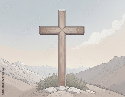 An illustration depicting a wooden cross standing atop a rocky hill, against a backdrop of mountains and a serene sky