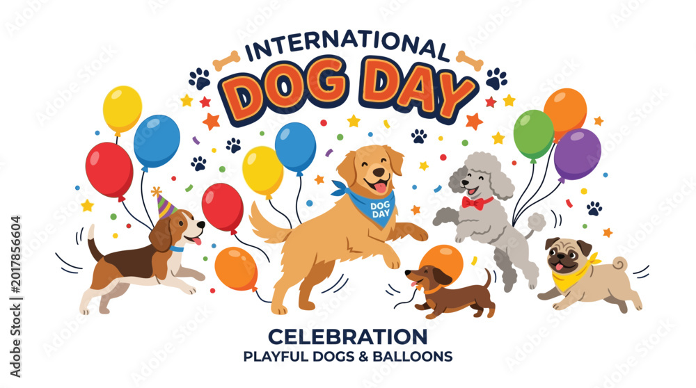 Fototapeta premium International Dog Day Celebration: Playful Dogs with Balloons and Confetti