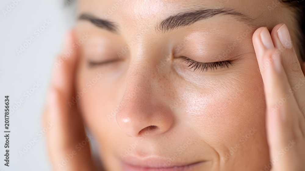 Obraz premium Close-up portrait of a woman with beautiful skin. Natural beauty and skincare concept. closed eyes and healthy skin. Minimalist aesthetic on a bright white background.