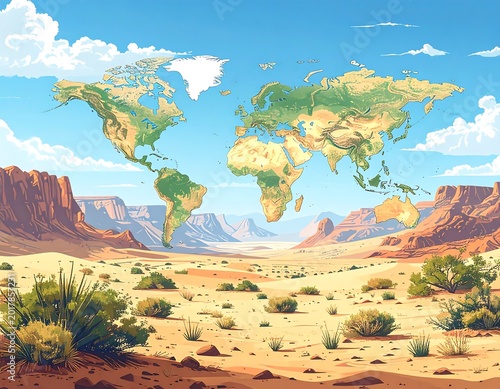 An illustration depicting a world map merging into a desert landscape with blue sky