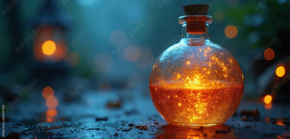Naklejka premium Round glass vial holds bright glowing orange liquid with golden sparks. Small glass bottle sealed with cork stopper rests on wet ground near blurry lantern lights, magical liquid.